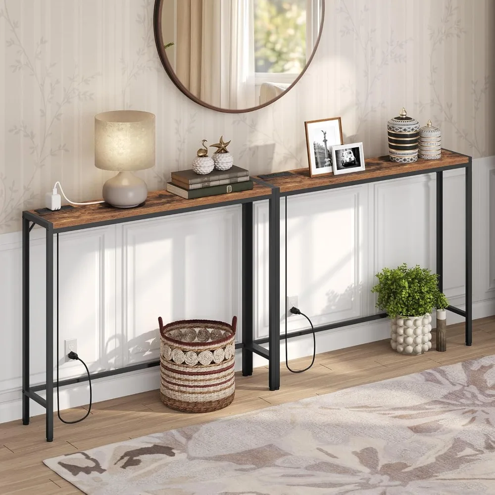 Console Table, 2 Pack Narrow Sofa Table, 43.3” Entrance Table with Power Station, Behind Couch Table, for Living Room, Hallway,
