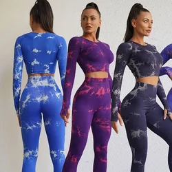 Bezszwowe zestawy do jogi Tie-Dye Fitness sportowy spodnie z wysokim stanem podnoszące biodra garnitury z długimi rękawami legginsy gimnastyczne zestawy dla kobiet