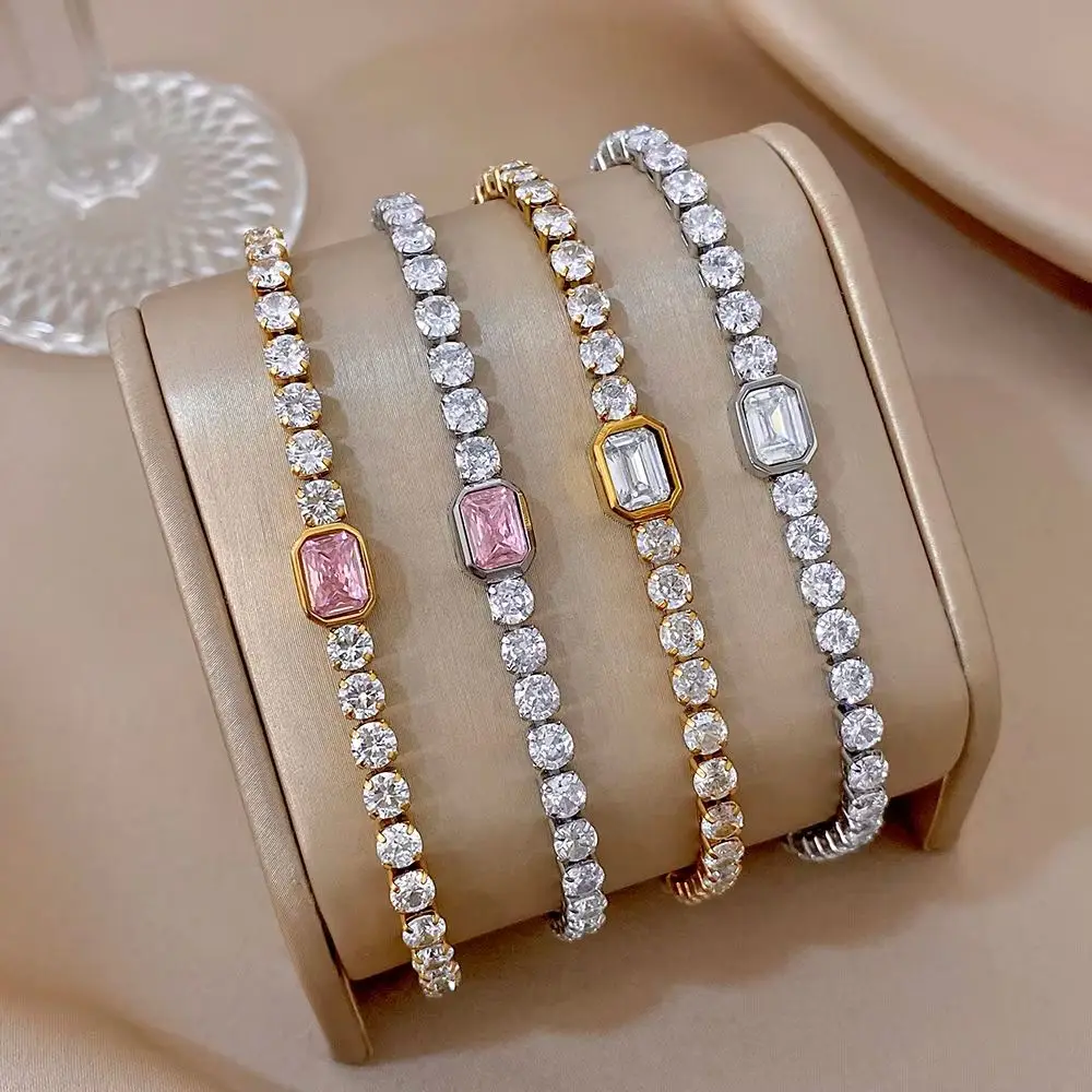 DODOHAO Classic Shiny Cubic Zirconia Tennis Bracelet for Women Stainless Steel Thin Chain Bangle Wedding Charm Lady Jewelry Gift