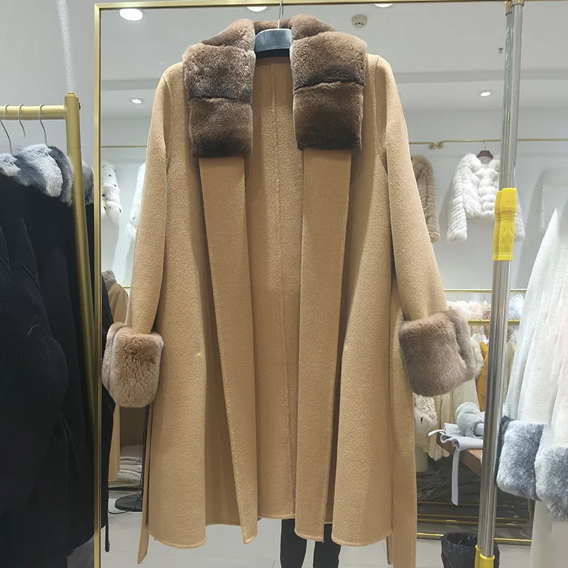 2026 Autumn Women Long Wool Coat With Real Rex Rabbit Fur Loose Long Fur Trim Coat With Belt