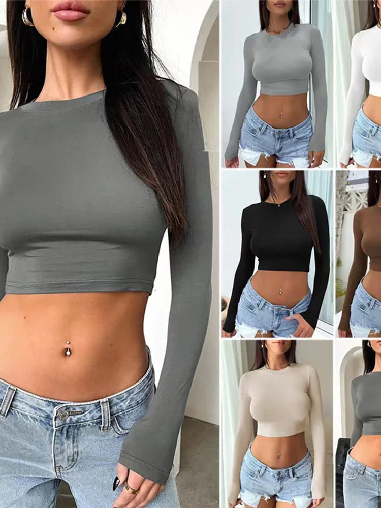 Frauen solide T-Shirt Herbst Stretch lässig Unterhemd weibliche All-Match Street Activity Crop Tops