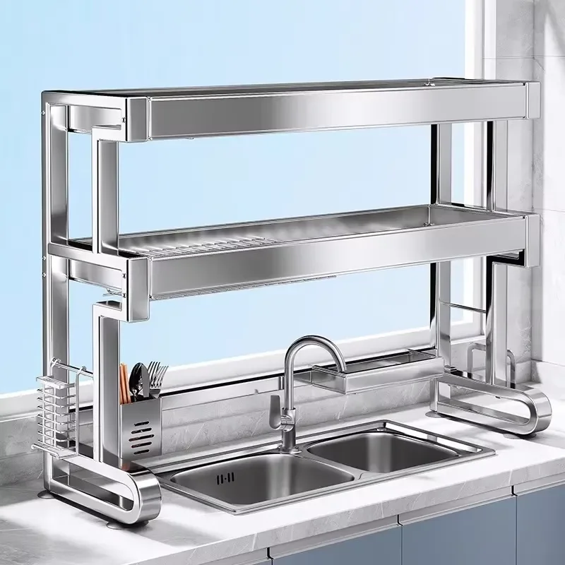 Stainless Steel Kitchen Sink Storage Rack Dish Rack Countertop Shelf Multifunctional Dish Storage Drain Pot Rack