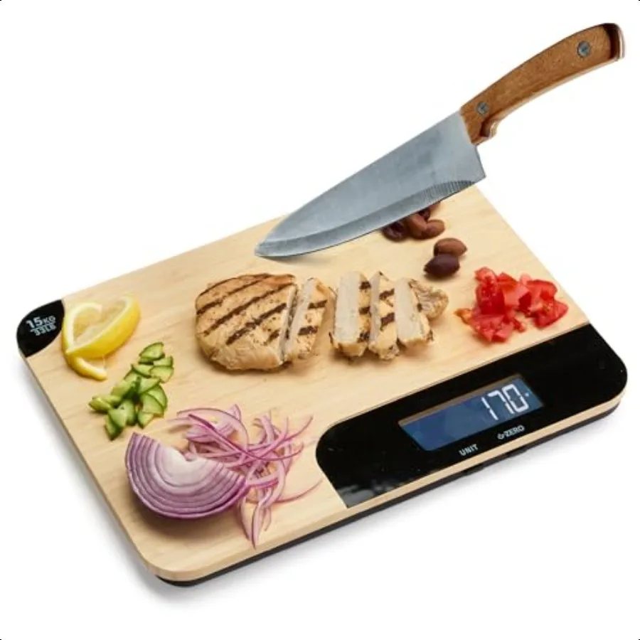 Bamboo Wood Cutting Board Food Scale 33 lb Capacity LCD Displays Grams Oz Kitchen Gadget ential Nutrition Portion Control Meal