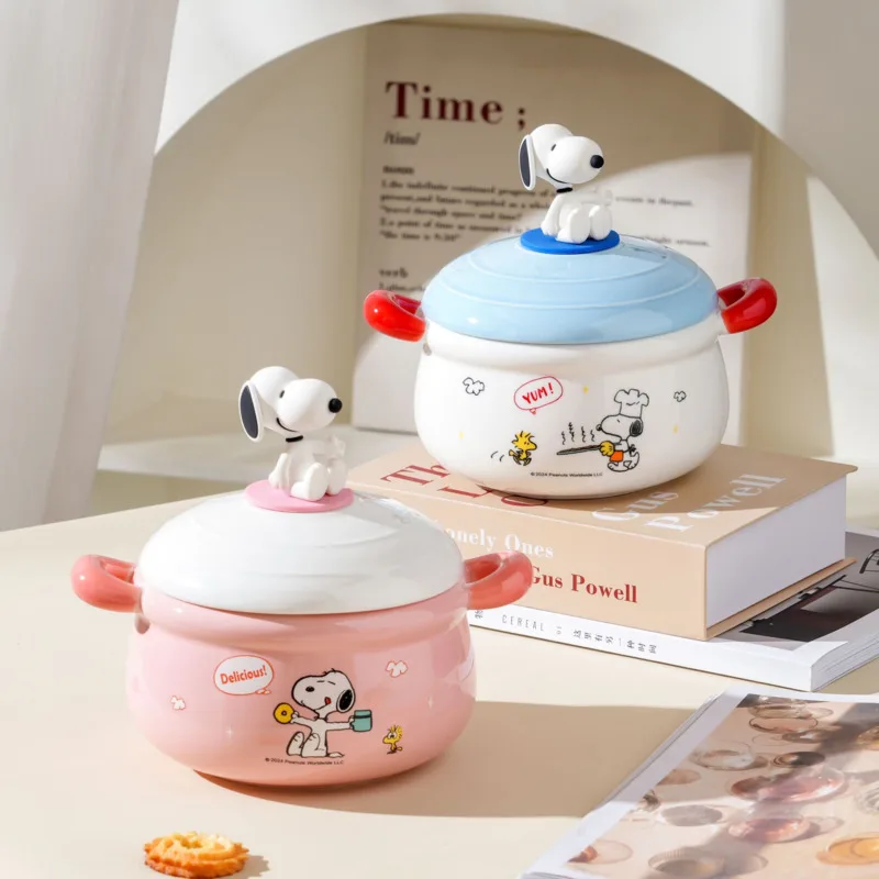 

Cute Cartoon Ceramic Instant Noodle Bowl Household Soup Bowl With Lid And Handle Double Ears Large Capacity Ceramic Bowl Gift