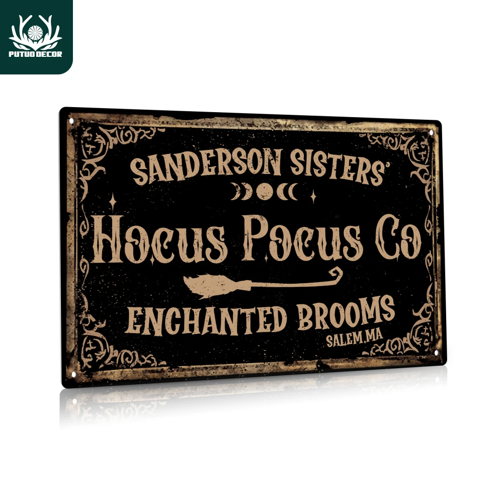 Putuo Decor 1 Stück Vintage Metallblechschild, Sanderson Sisters Hocus Pocus Co Enchanted Brooms Salem Ma, Halloween-Geschenk