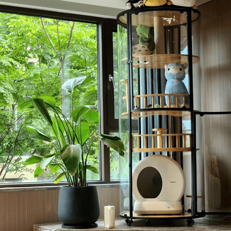 

Large cylindrical cat villa 360 panoramic view four floors can move solid wood cat cage