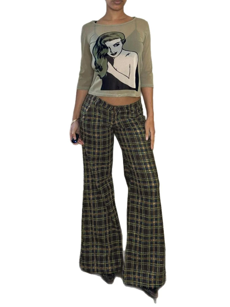 SsTss Pantalones a cuadros retro americanos para mujer, pantalones acampanados holgados de pierna ancha a la moda informal, adecuados para el salón callejero, uso diario