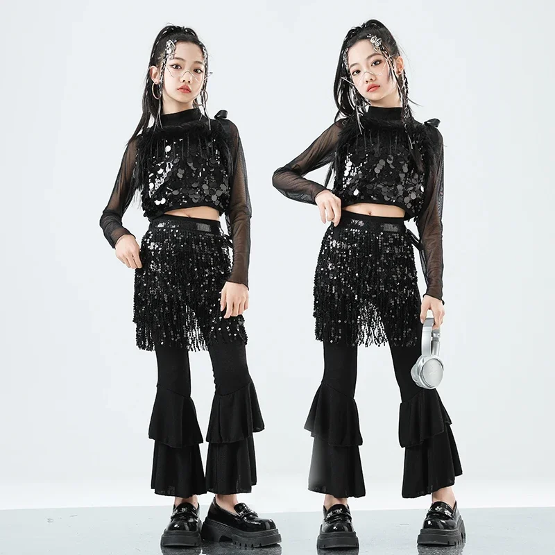 Meninas k-pop prata lantejoulas malha colheita topo calças de dança de rua crianças hip hop brilhante streetwear crianças jazz menina grupo roupas conjuntos
