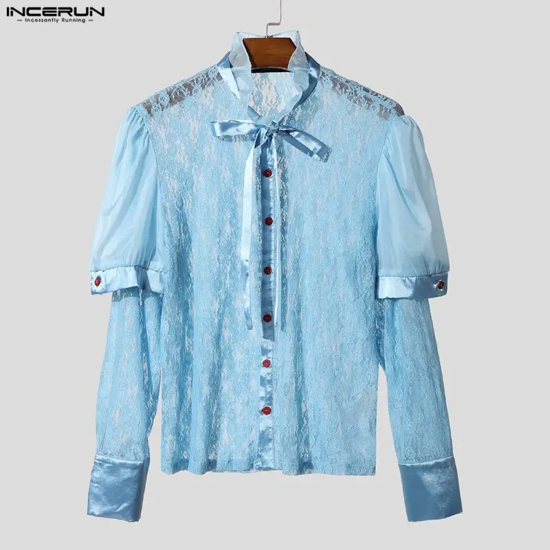 

INCERUN Men Shirt Lace Patchwork Sexy See Through Stand Collar Long Sleeve Men Clothing Streetwear Lace Up Fashion Party Tops