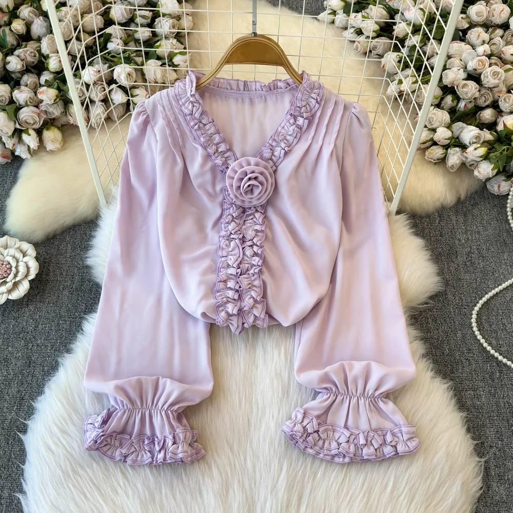 

Clothland женская милая блузка с рюшами роза с расклешенными рукавами ярких цветов рубашка женские милые модные топы Mujer LB331