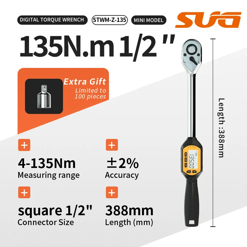 

1/2-inch Drive 4-135 Nm Mini Torque Wrench Bidirectional Ratchet Head , with Buzzer & 4 LEDs, Calibrated car accessories, diy