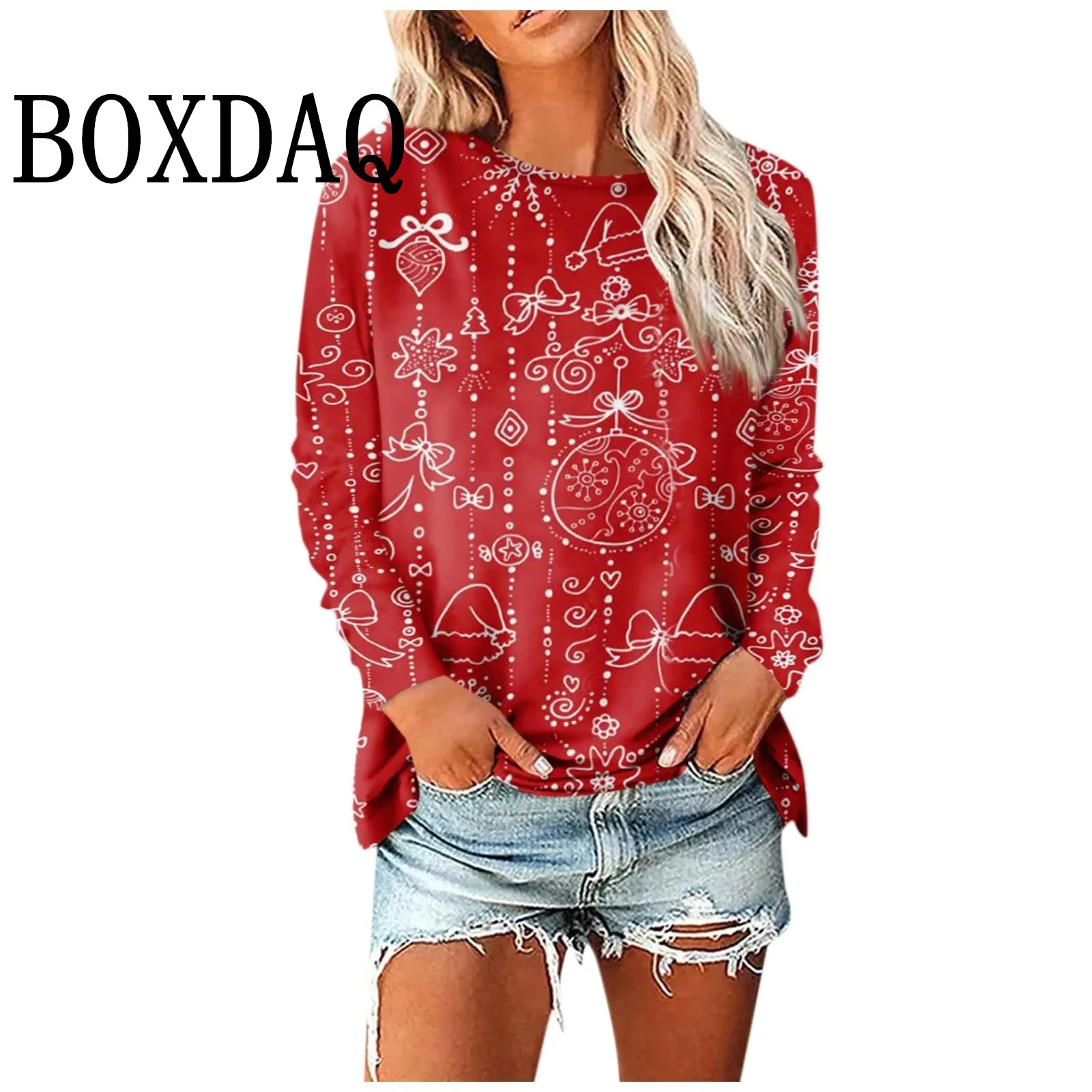 

2024, рождественские футболки с принтом снежинок, осень-зима, женские пуловеры с длинными рукавами и круглым вырезом, свободные рубашки, повседневные уличные топы