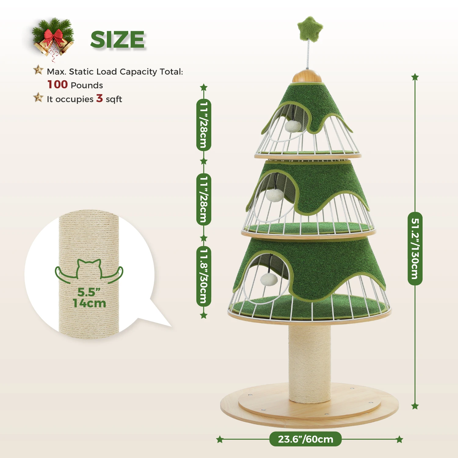 Torre per gatti moderna per albero di Natale con tiragraffi spesso, torre per gatti in legno, 3 condotti, tappetino sostituibile per mobili per gatti resistenti