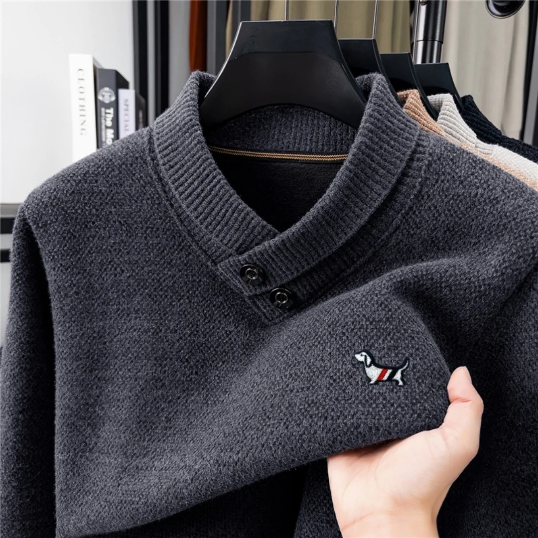 

Light Luxury Brand Men's Knit Pullover Scarf Collar Cartoon Dog Embroidered Sweater Winter Velvet Thicken Casual Trend Menswear
