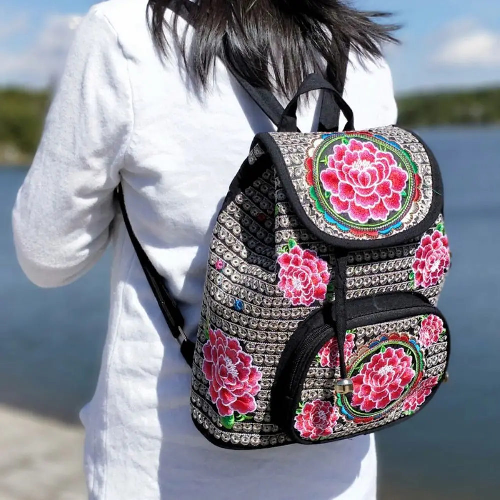 Retro Peony Floral Embroidered Bags Large Capacity Canvas Bucket Bag Ethnic Flower Shopping Tote Women