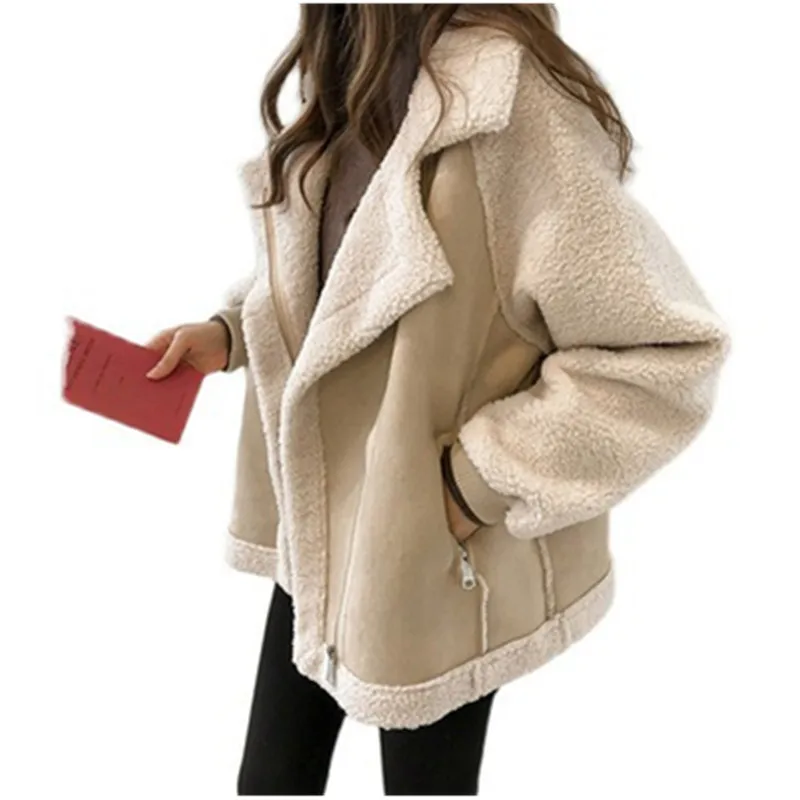 Autumn Winter 2024 New Loose Suede Spliced Jacket Women\'s Turn down collar Warm Coat Female Short Lamb Fleece Motorcycle Jackets