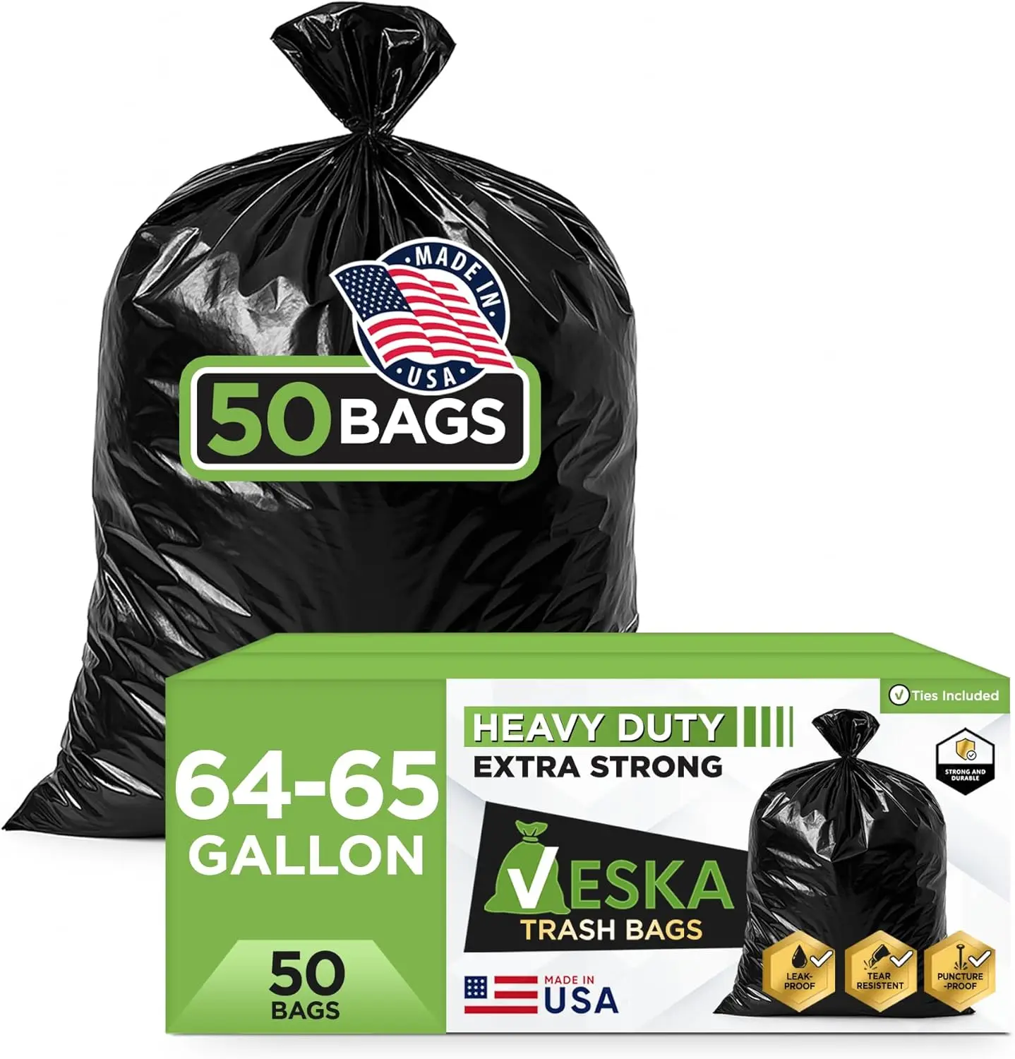 

65 Gallon Trash Bags for Toter, (Value-Pack 50 Count w/Ties) Extra Large 64 Gallon Heavy Duty, 60 Gal Trash Bags Outdoor G