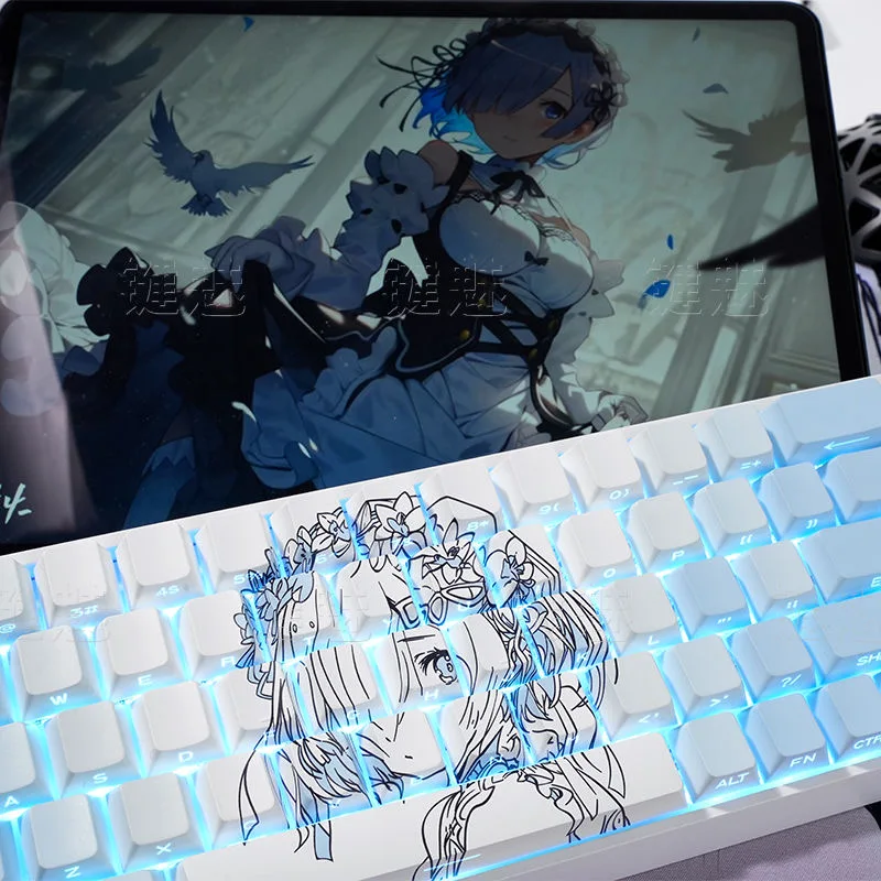 130 مفتاح ريم الوردي Keycap الجانب نحت الكرز الشخصي أنيمي Keycap لقطة مزدوجة تألق من خلال PBT Keycap للوحة المفاتيح الميكانيكية MX #3