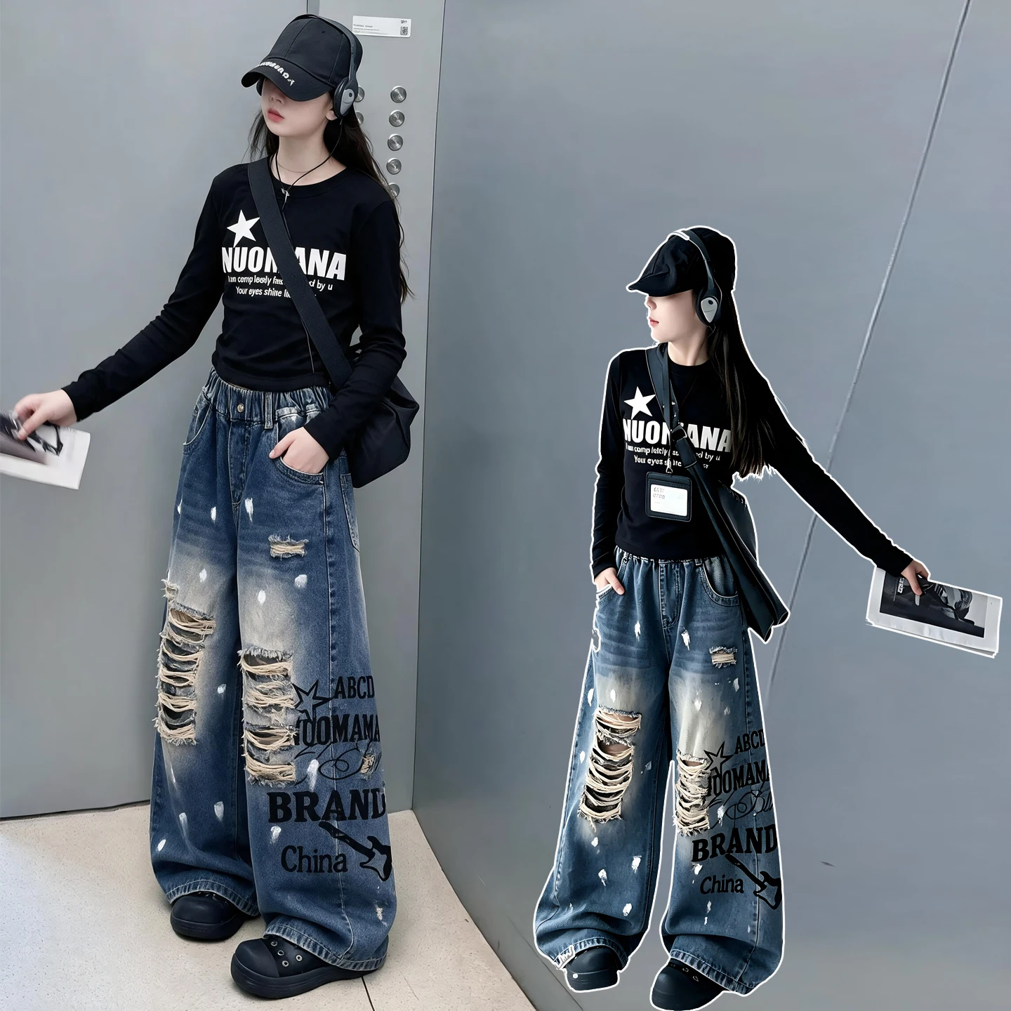 Spring Autumn Vintage Fashion Girls 2pcs Long Sleeve T-Shirt And Denim Pants Set Street-Style 2-Piece Outfit for Kids Ages 4-14Y