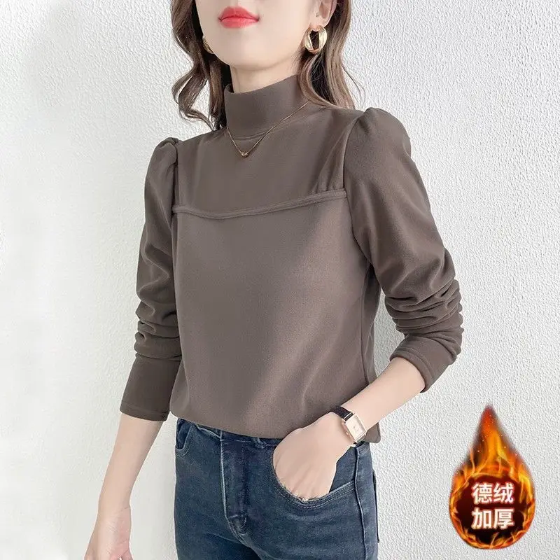 Women\'s Autumn Winter Pullover Turtleneck Solid Shirring Puff Long Sleeve Undershirt T-shirt Fashion Casual Office Lady Tops