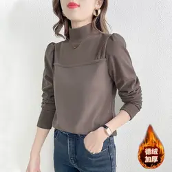 Women's Autumn Winter Pullover Turtleneck Solid Shirring Puff Long Sleeve Undershirt T-shirt Fashion Casual Office Lady Tops