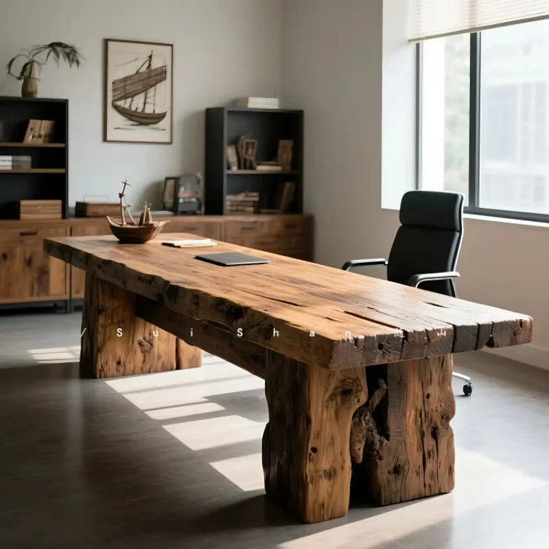 HYS wabi-sabi wind old boat wood retro heavy large solid wood desk writing desk computer desk workbench