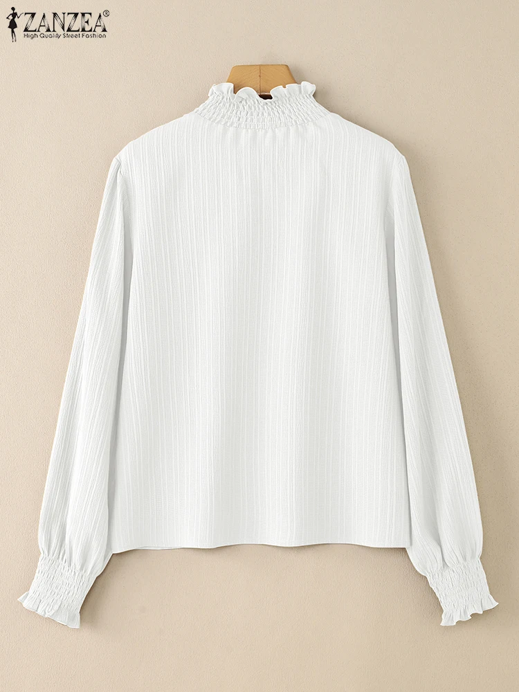 ZANZEA Vrouwen Stijlvolle Gesmokte Coltrui Blouses 2025, Herfst Mode Lange Lantaarn Mouw Getextureerde Effen Kleur Tops Vrouw Kleding