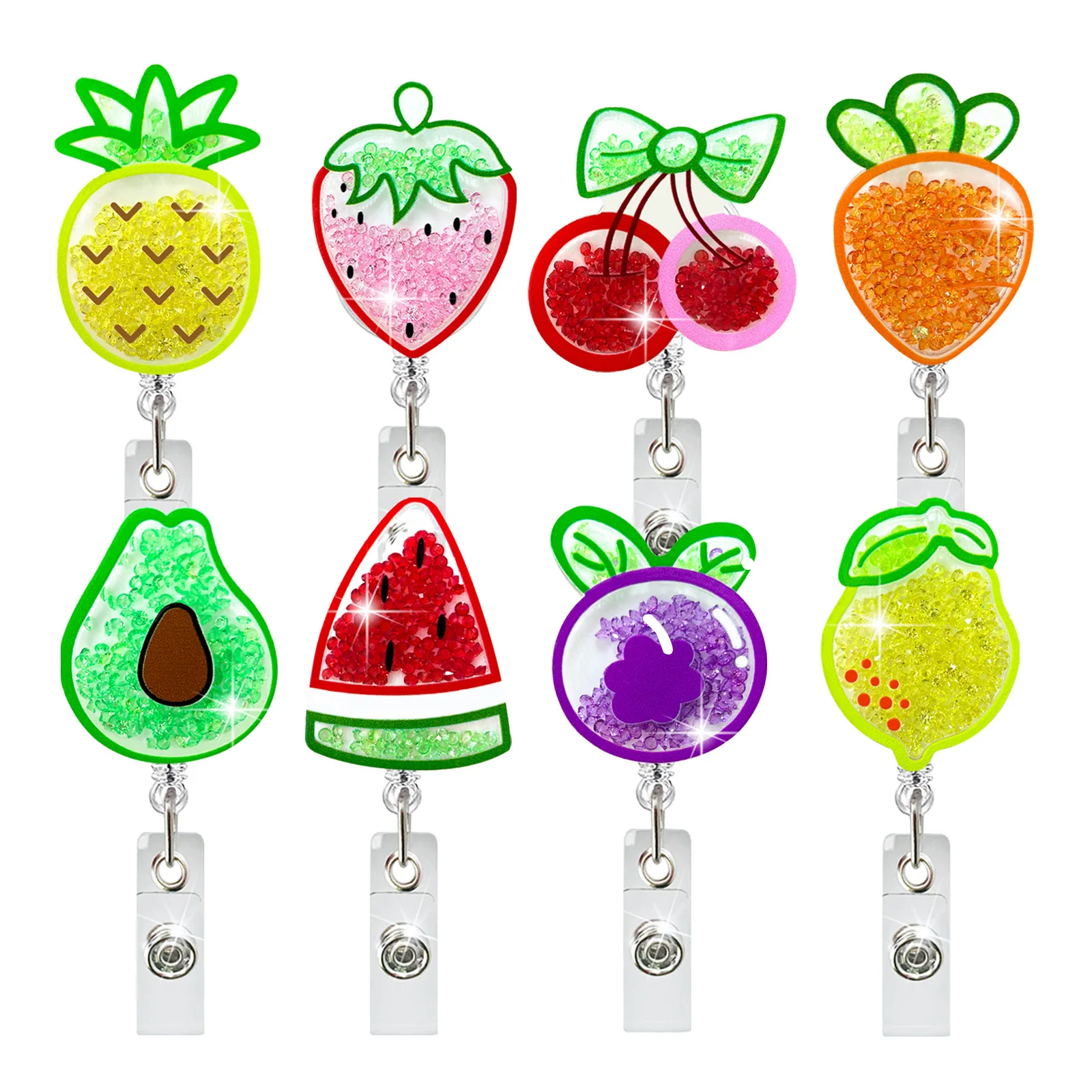 New Design Quicksand Acrylic Fruits Theme Badge Reel Retractable ID Badge Holder With 360 Rotating Alligator Clip Name Holder