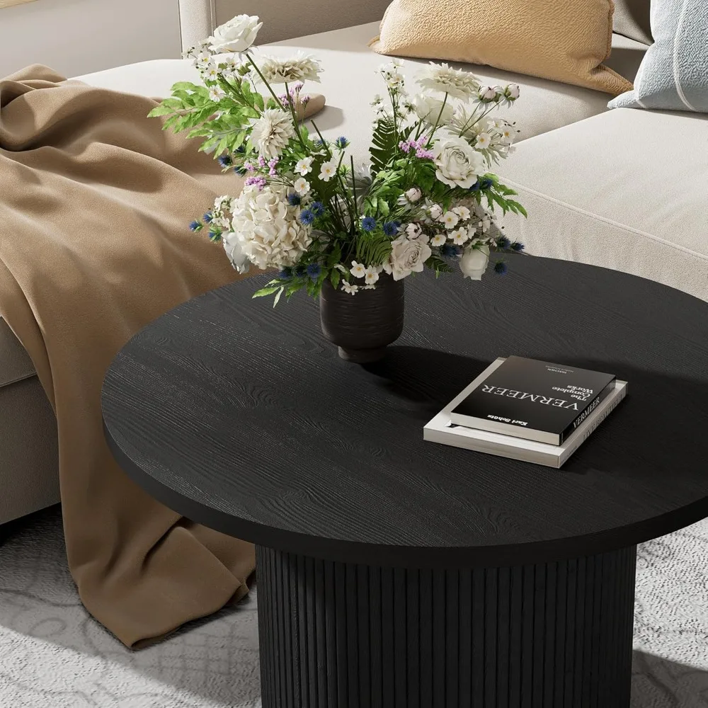 Round Coffee Table, 35.4 Circle Wide Coffee Table, Wood Table and Center Table for Living Room, Black