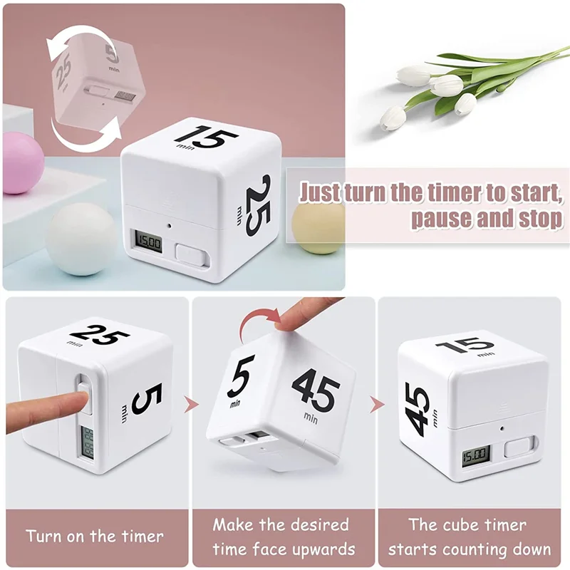 IDUD 2X Cube Timer Kitchen Timer Time Management Timer For Gravity Sensor Flip For Time Management Countdown 25-5-45-15 Minutes