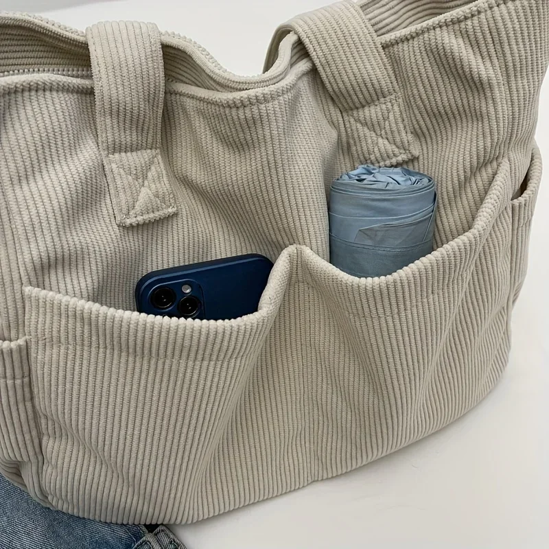 Bolsa tote de veludo feminina de grande capacidade, casual, listrada, bolsa de ombro com alças fixas, bolsa com zíper para deslocamento diário