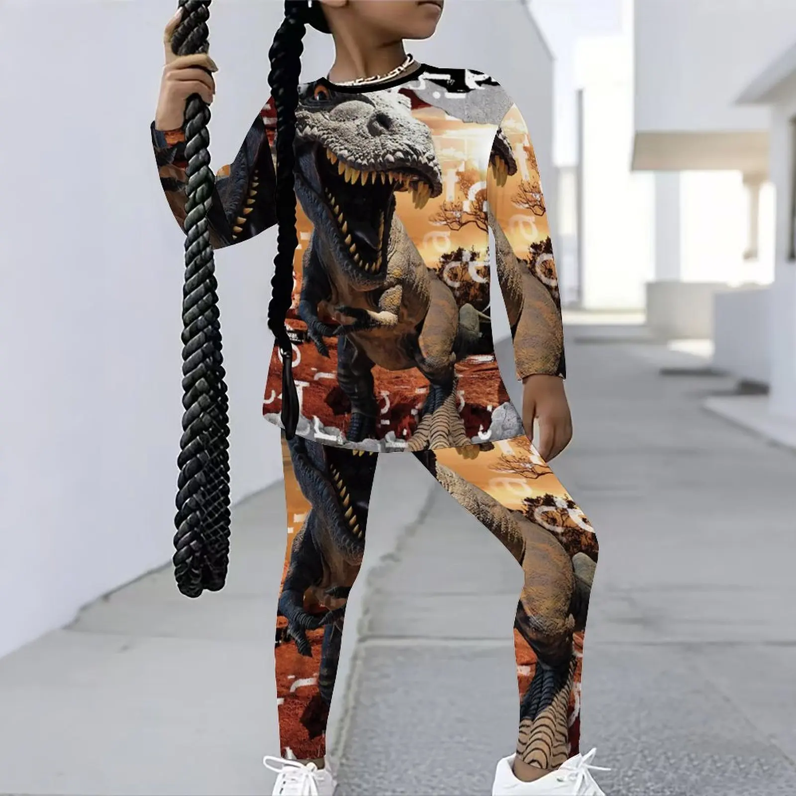 Winter Jogging Pants Girls Print Long Sleeve Round Neck Top Cute Two-Piece Daily Casual T-shirt Autumn Leggings