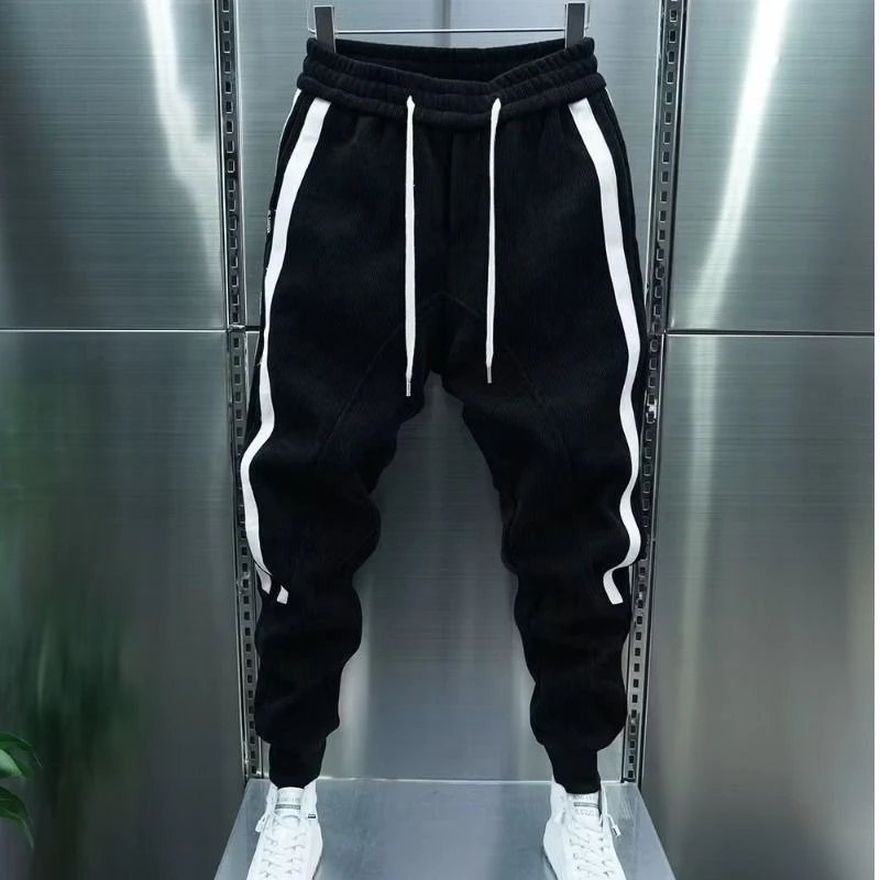 Men's Corduroy Sweatpants Spring Autumn Striped Cuffed Joggers Loose Casual Trousers Trendy Streetwear Pants