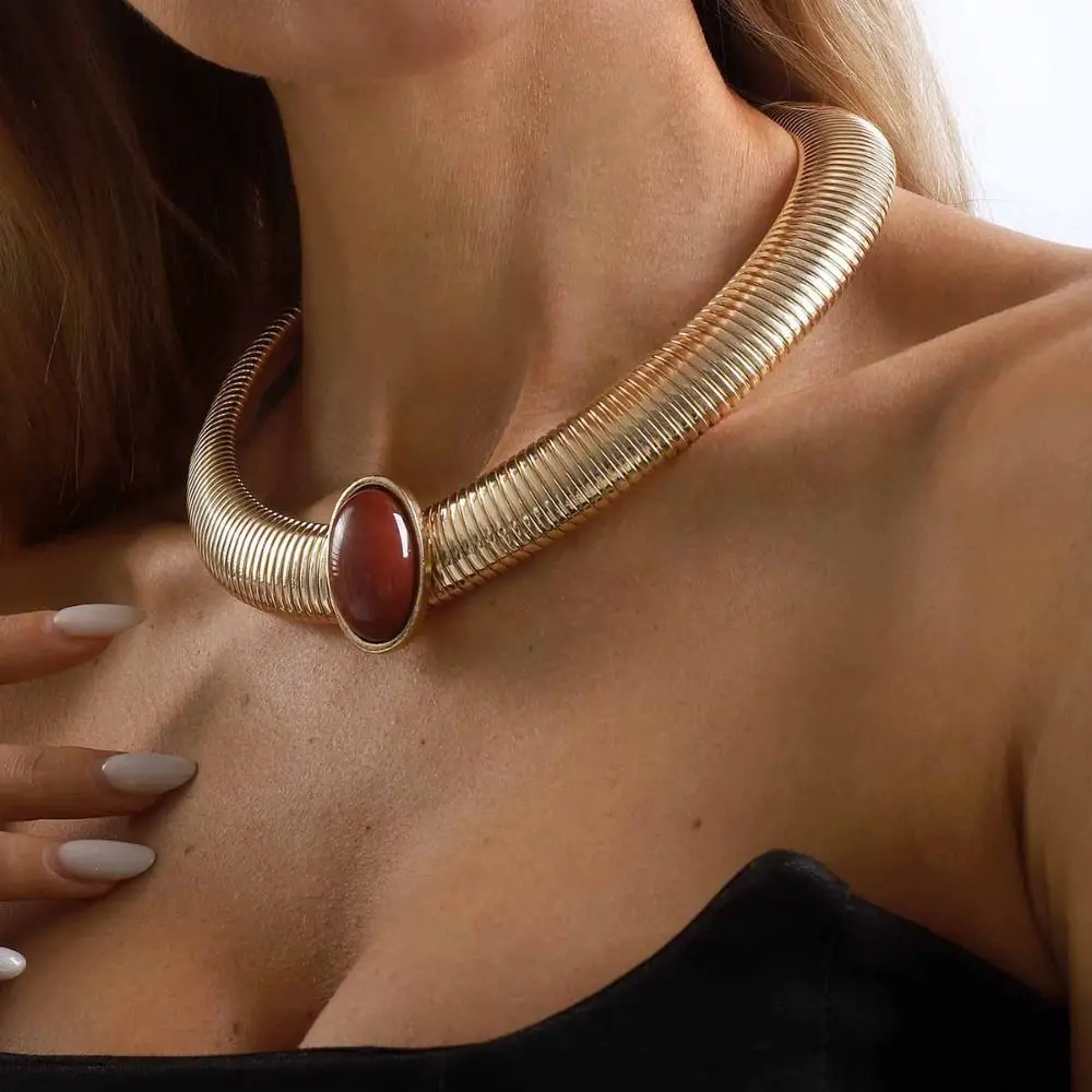 

Metal Chain Chunky Choker Necklace Vintage Silver Color Chunky Chain Necklace Red Stone Bohemian Snake Bone Chain Necklace Girls