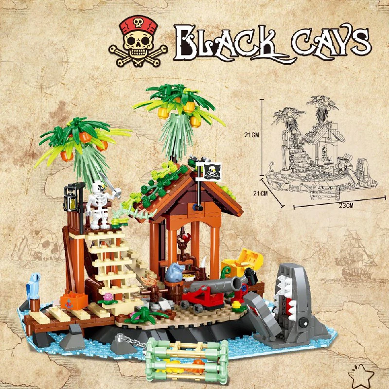 MOC-casa pirata creativa, bloques de construcción, calavera, centavos negros, torre de reloj, modelo de ladrillos, juguetes con figuras, rompecabezas DIY, regalo