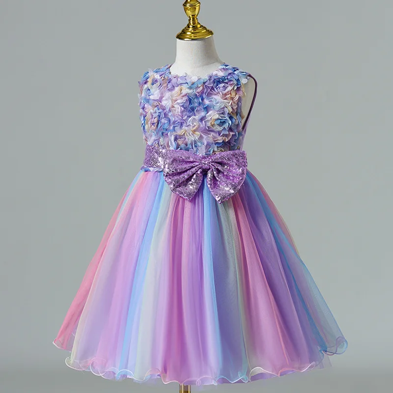 Luxus Mädchen Regenbogen Farbe Prinzessin Kleid Blumen mädchen Hochzeits kleid High-End Französisch Kinder Puffy Kleid elegantes Party kleid