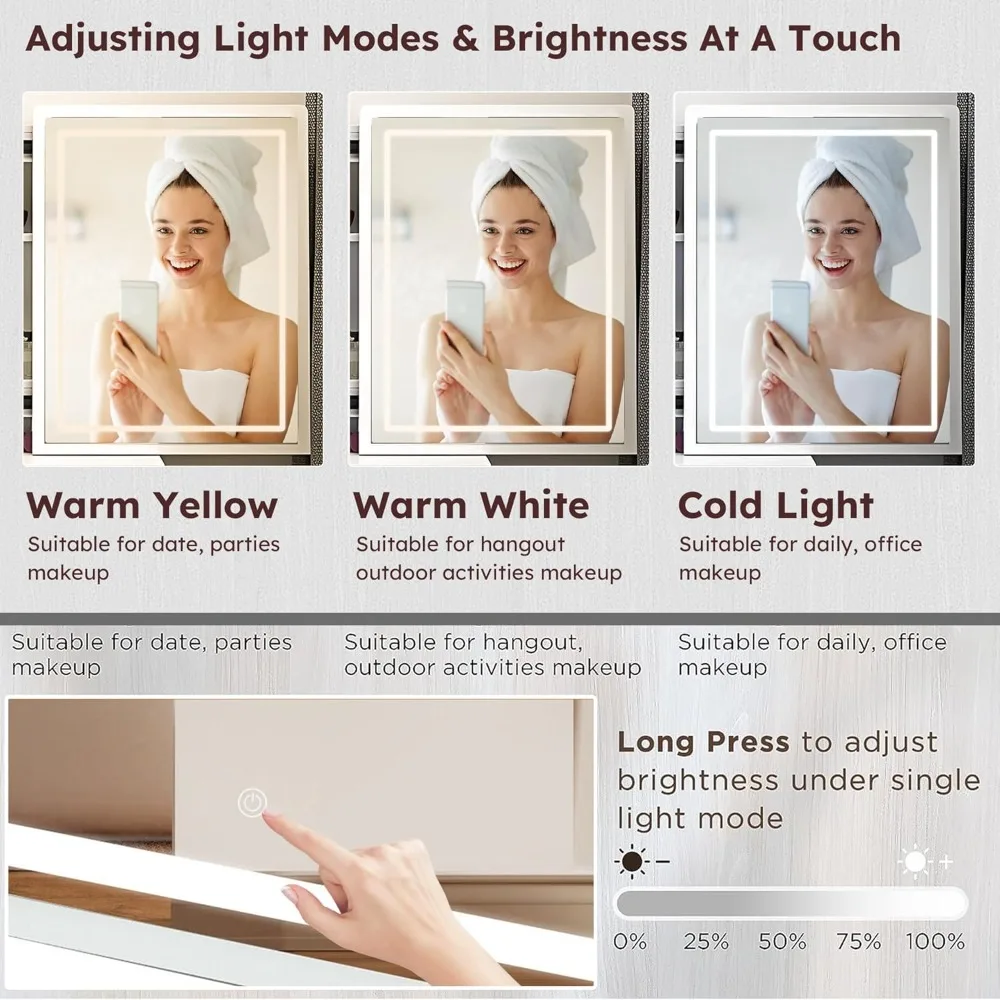 مكتب مكياج مع مرآة وأضواء، طاولة زينة مع مرآة منزلقة وأدراج وأرفف تخزين ومقعد