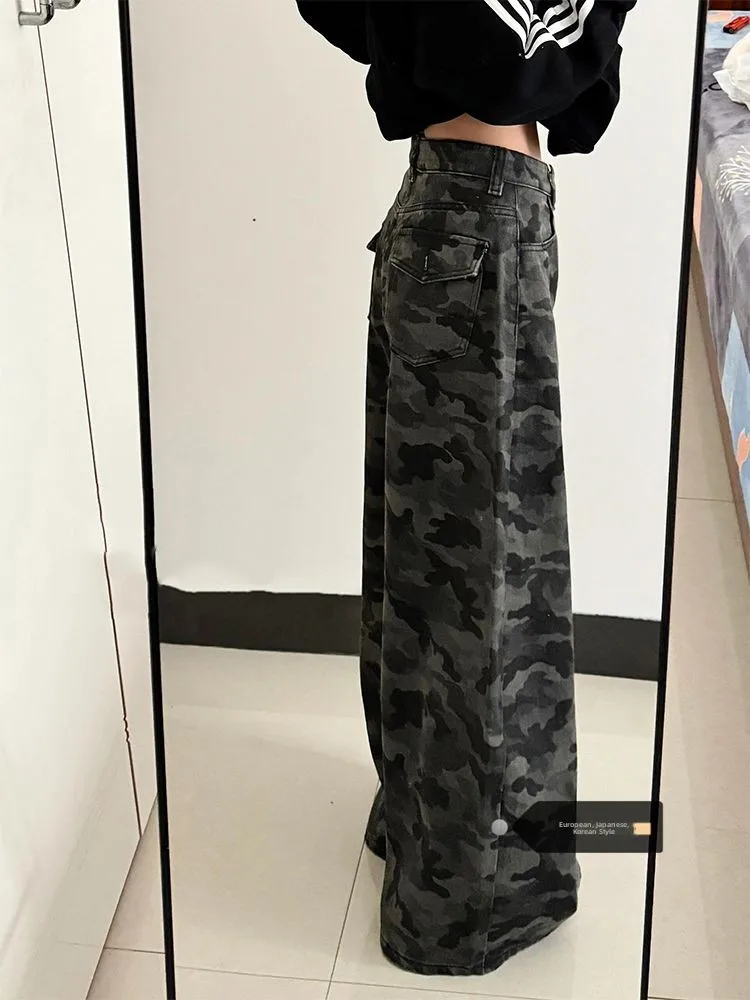 

Retro Washed Camouflage Workwear Jeans Women's Summer New Design Slimming Floor-Length Pants Straight Leg Low Waist Denim