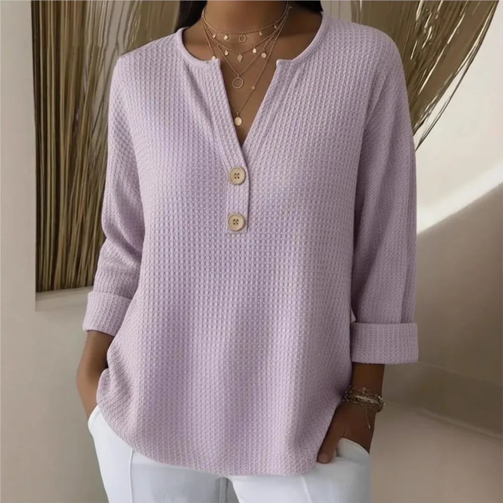 New Waffle Long-sleeved Fashion Button V-neck T-shirt For Women's Spring Autumn New Casual Loose Blue Versatile Tops Female