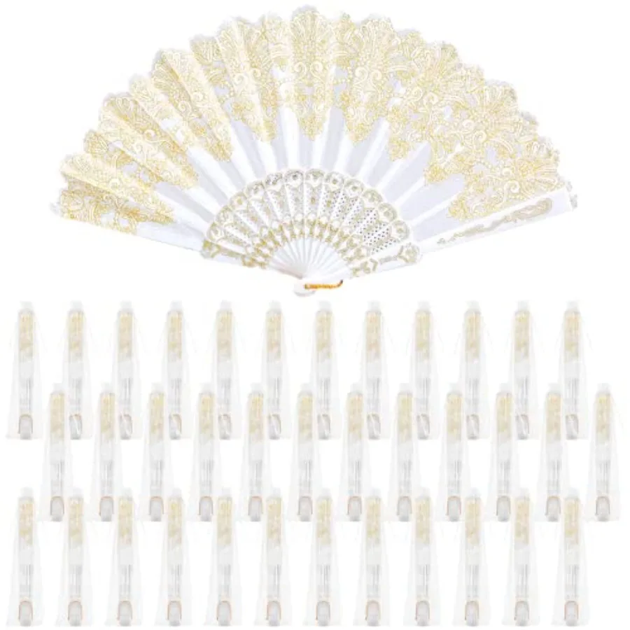 

50 Pcs Hand Lace Foldable Fans Bulk for Women with Organza Bag Lace Folded Hand European Retro Fan Bridal Dancing Prop Wedding