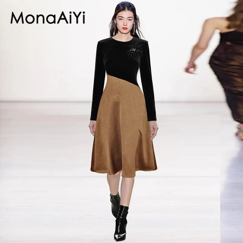 

MonaAiYi 2023 New Fashion Runway Designer Women's Long Sleeved Feather Brooch Velvet Contrast Stitching Dress