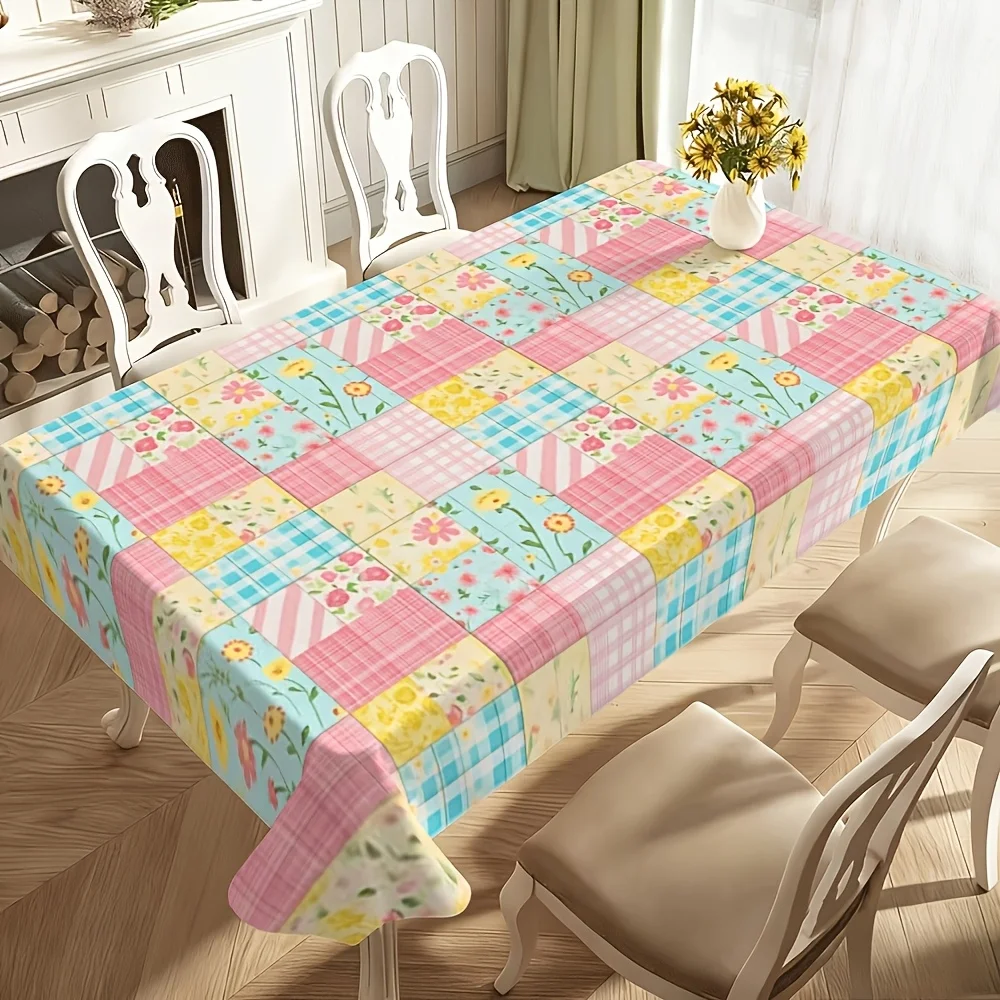 A high-end versatile spring piece featuring a pink, blue and yellow checkered and patchwork floral pattern