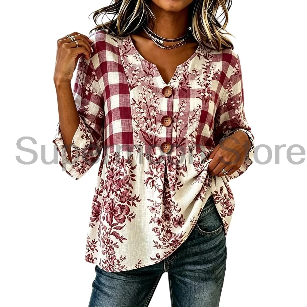 Women Plaid Floral Patchwork Blouse V-Neck 3/4 Ruffle Sleeve Streetwear Tee Female Loose Fit Shirt Boho Ladies Tunic Tops