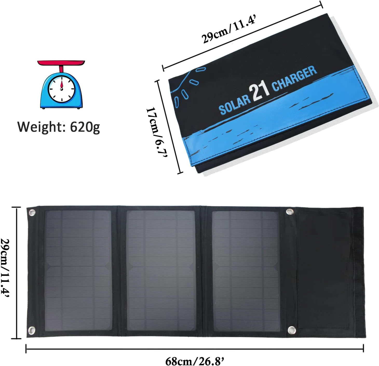 21W  Folding  Solar Panel Portable Charger for Cell Phone, Laptop, Power Station, Backpacking, Camping, Hiking