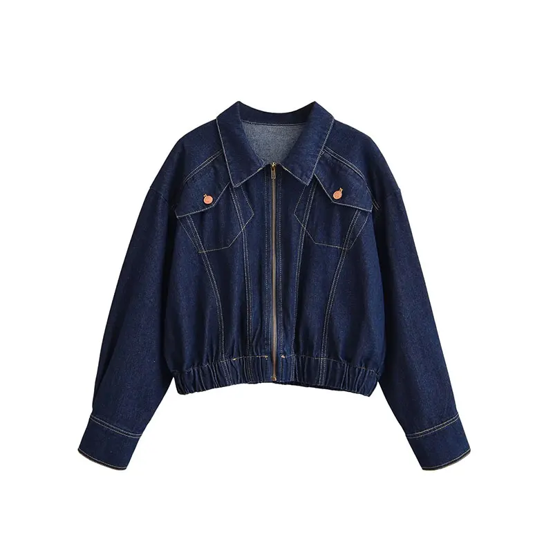 TFAFXY 2026 Spring Women Sets Elastic Hem Pockets Zipper Loose Denim Bomber Jacket  Coat Short Top Wide Pants Suits