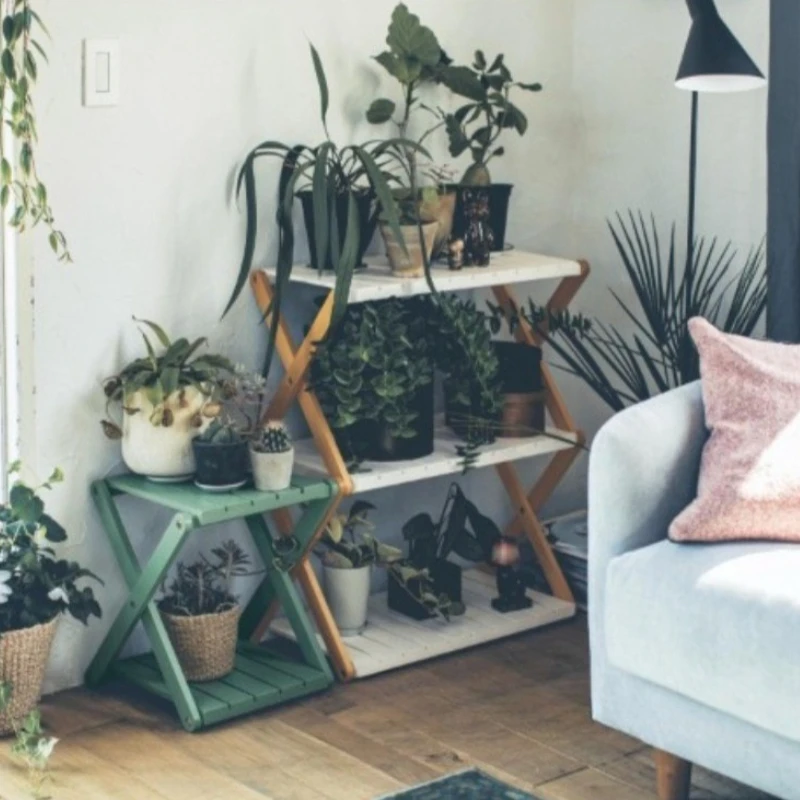 

Japanese Nordic Style Folding Plant Stand - Solid Wood Multi-Tiered Flower Shelf Foldable Display Rack for Indoor Balcony