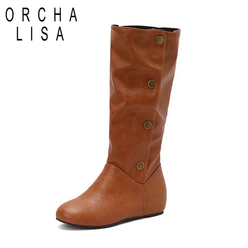 

ORCHA LISA 2025 Leisure Female Mid Calf Boots Round Toe Wedges 4cm Slip On Rivets Metal Decoration Big Size 48 49 50 Daily Bota