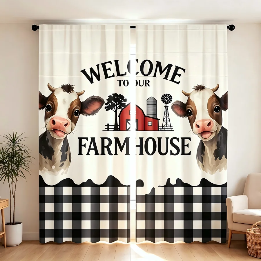 2PCS Digital Print Curtain, Cute Cow Farmhouse Buffalo Plaid Barn Windmill, Rustic Farm Style for Living Room Bedroom Decor