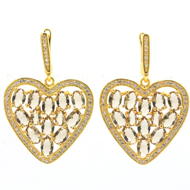 

43x28mm Stunning Heart Shape Smokey Topaz CZ Women Dating Gold Silver Dangle Earrings