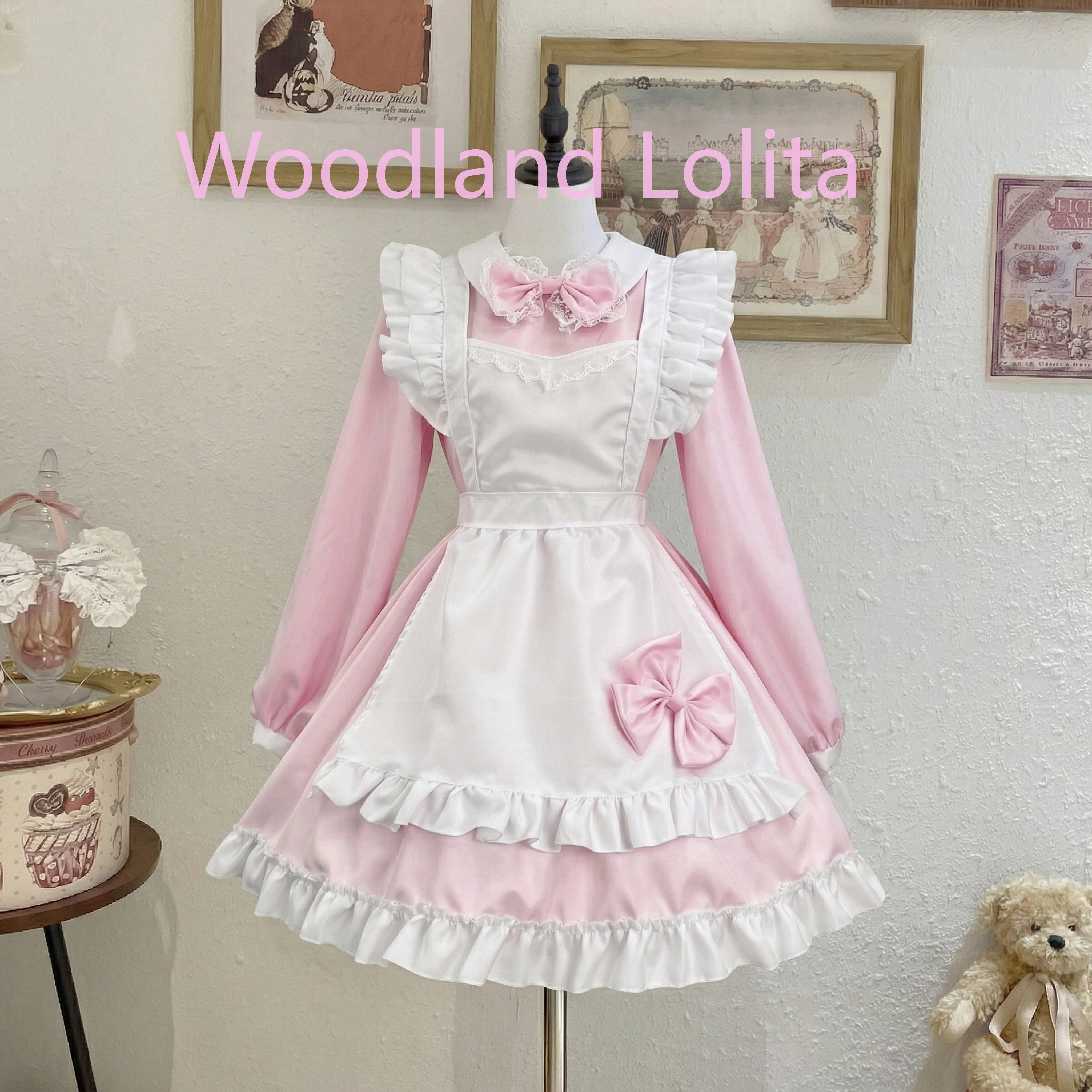 Vestido Lolita Elegante y Dulce Estilo Francés para Primavera/Verano, con Cuello de Muñeca, Manga Larga, Lazo, Estilo Maid, Cosplay, Mini Vestido Vintage